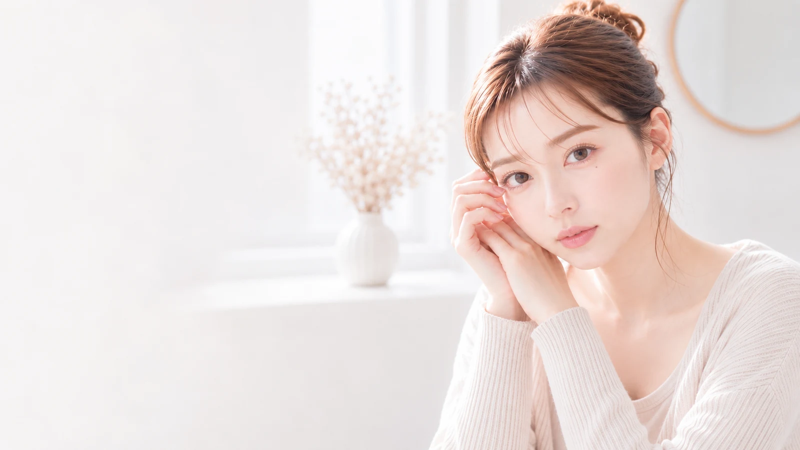 明るい室内で頬に手を添え、やわらかな表情でこちらを見る女性の写真