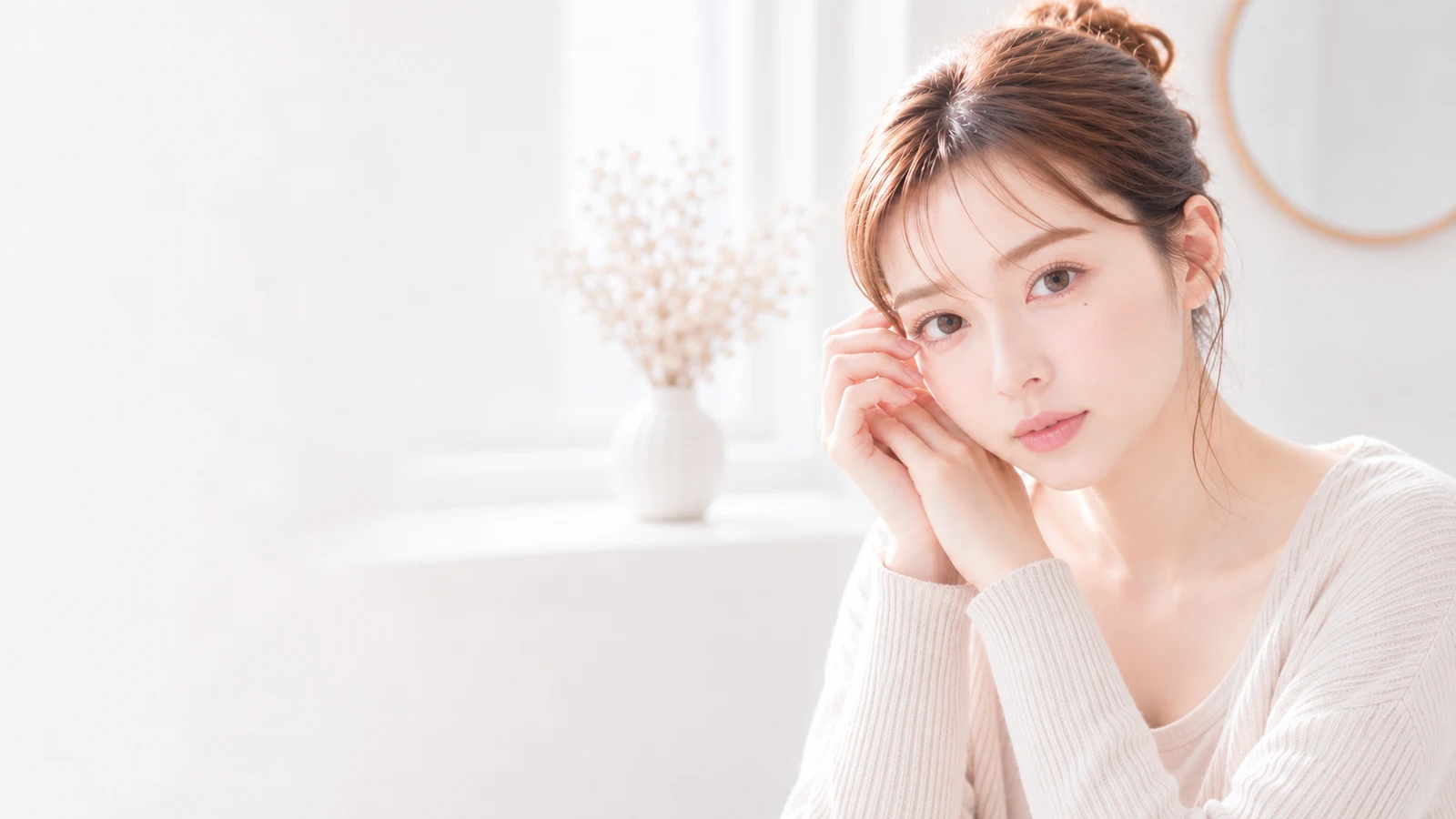 明るい室内で頬に手を添える女性の写真